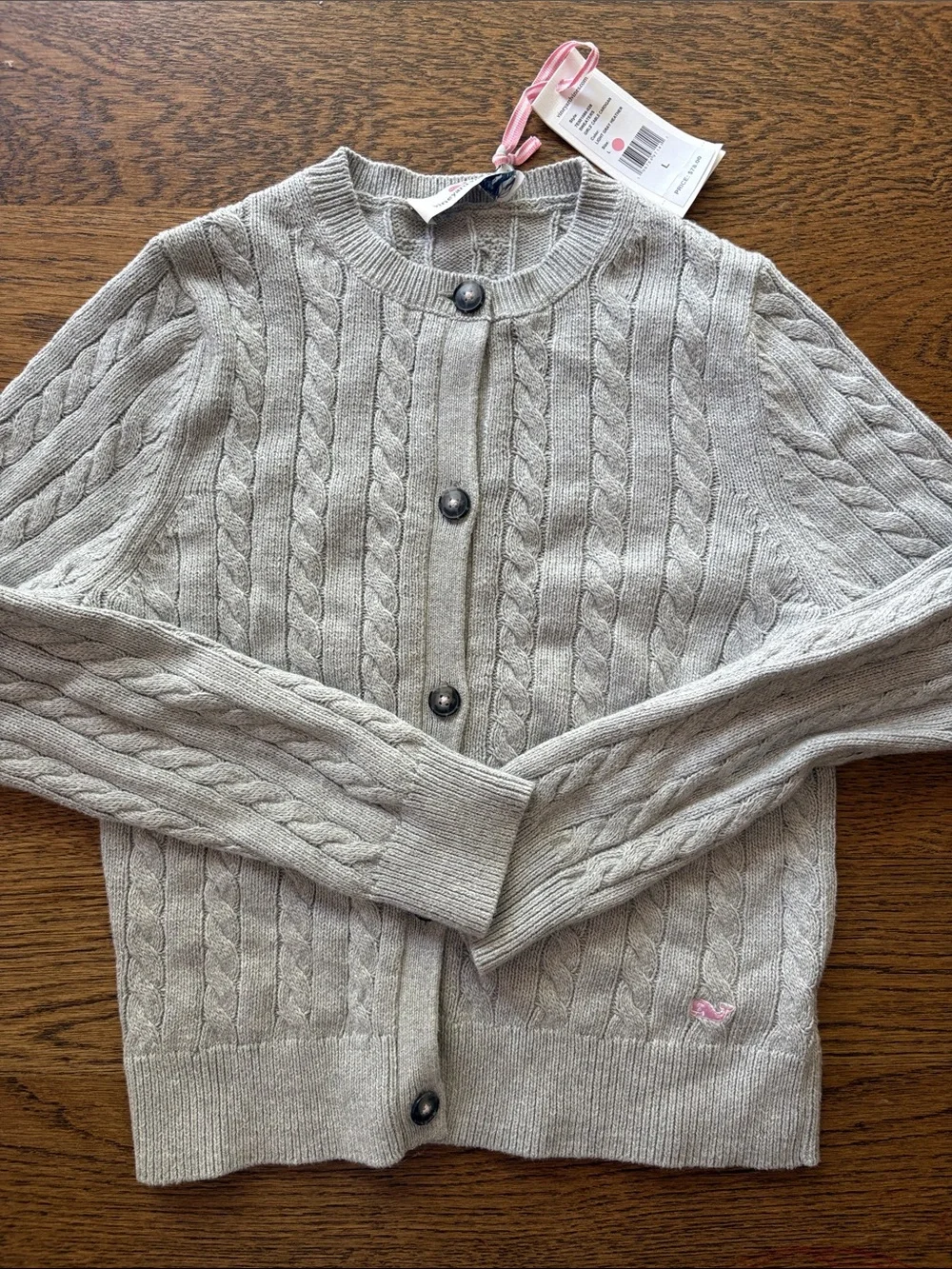 Vineyard Vines Girls L Light Gray Cotton Cashmere Cable-Knit Crewneck Cardigan